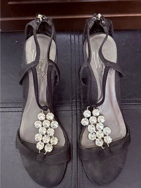 Wild Rose Black Crystal T-Strap Heels